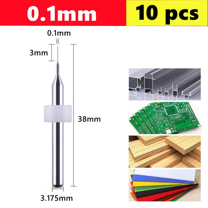 10pcs Carbide PCB micro drill bits 0.1-3.0mm, 3.175mm (1/8) shank for PCB drill bit kit for printed circuit board drilling