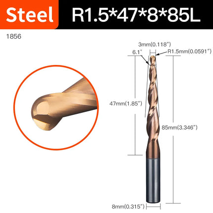 HUHAO 6mm Shank 2 Flutes Carbide Spiral Tapered Ball Nose End Mill HRC55 Router Bit for Metal Wood CNC 2D 3D Carving Bits Tools