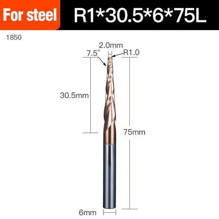 HUHAO Spiral Ball Nose Tapered End Mill Engraving Bit HRC55 CNC End Mill 4mm 6mm 8mm 3D Carving Bits Wood Metal Tools