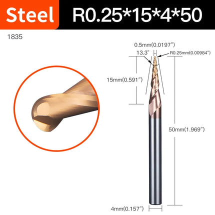 HUHAO 6mm Shank 2 Flutes Carbide Spiral Tapered Ball Nose End Mill HRC55 Router Bit for Metal Wood CNC 2D 3D Carving Bits Tools