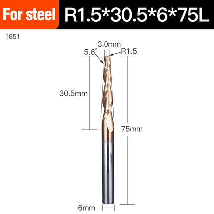 HUHAO Spiral Ball Nose Tapered End Mill Engraving Bit HRC55 CNC End Mill 4mm 6mm 8mm 3D Carving Bits Wood Metal Tools