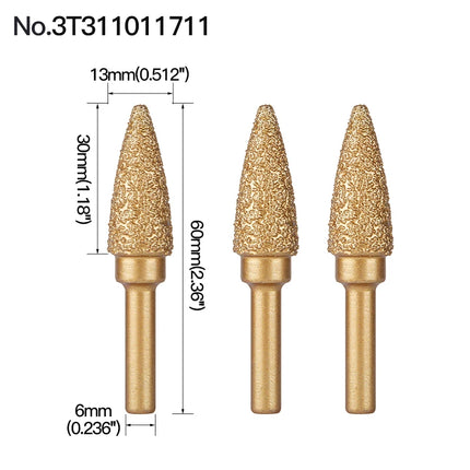 Rotary File Iron Steel Burr 3PCS 6mm Diamond Grinding Head 60mm Long Polish Bit for Engraving Polishing Stone Rotary Tools