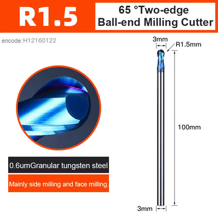 HUHAO 6mm Shank Ball Nose End Mill Nano Blue Coated 2 Flutes Carbide Router Bit HRC65 CNC Milling Cutter Spiral Flat CNC Tools
