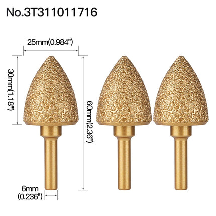 Rotary File Iron Steel Burr 3PCS 6mm Diamond Grinding Head 60mm Long Polish Bit for Engraving Polishing Stone Rotary Tools