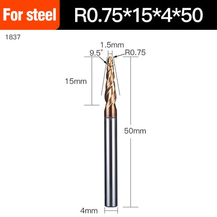 HUHAO Spiral Ball Nose Tapered End Mill Engraving Bit HRC55 CNC End Mill 4mm 6mm 8mm 3D Carving Bits Wood Metal Tools