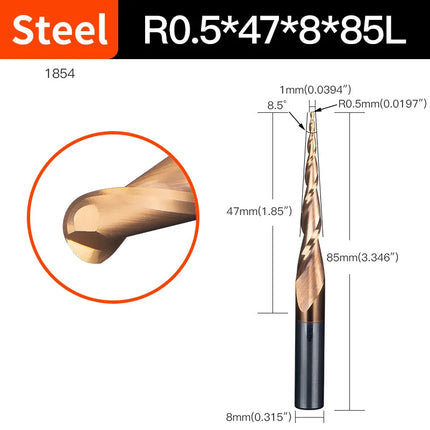 HUHAO 6mm Shank 2 Flutes Carbide Spiral Tapered Ball Nose End Mill HRC55 Router Bit for Metal Wood CNC 2D 3D Carving Bits Tools