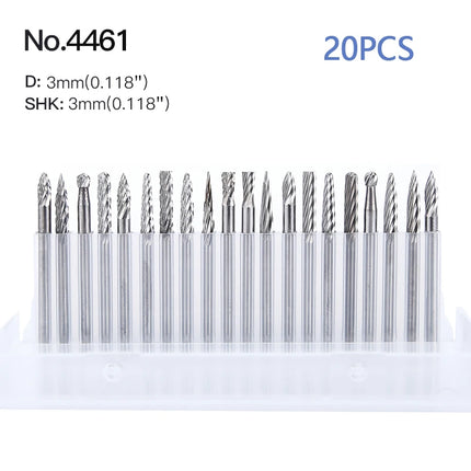HUHAO 10/20PCS 3mm Shank Carbide Steel Rotary Burrs Set Double Diamond Rotary File Milling Cutter Wood Grinding Rotary CNC Tools