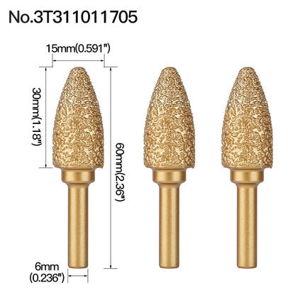 Rotary File Iron Steel Burr 3PCS 6mm Diamond Grinding Head 60mm Long Polish Bit for Engraving Polishing Stone Rotary Tools